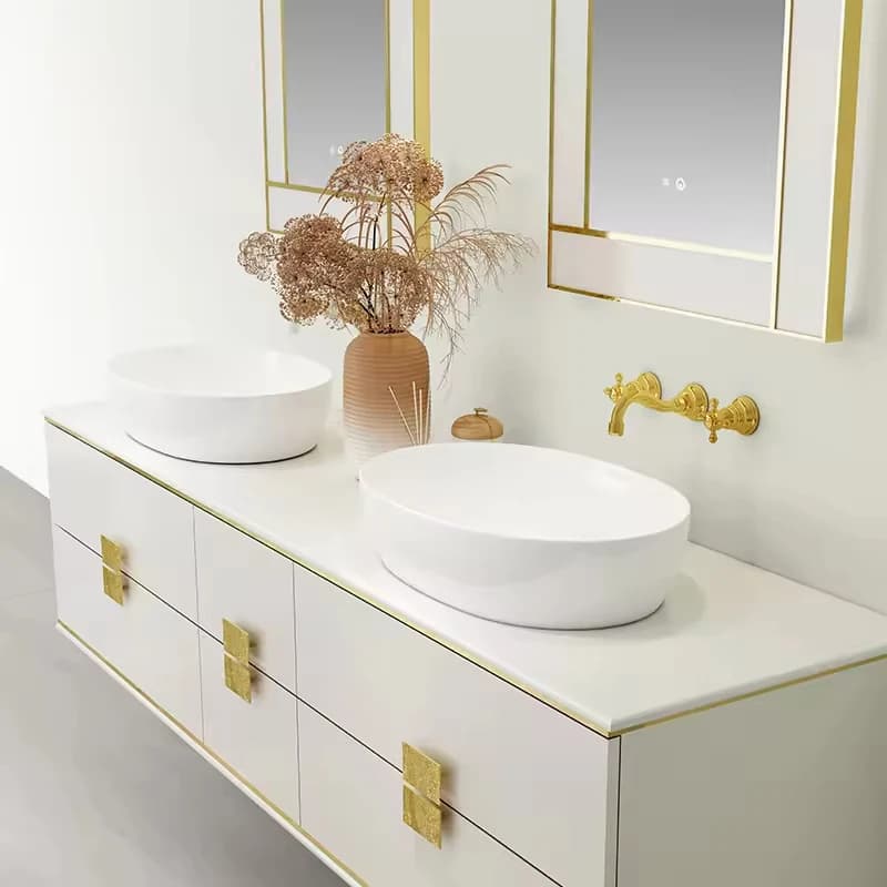 Mobile da Bagno di Lusso a Doppio Lavabo, Montaggio a Parete, Lavabo da Appoggio, Mobile da Bagno con Specchio e Striscia Luminosa