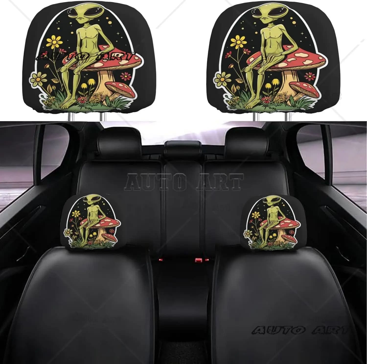 Pack of 2 Alien sitting on mushrooms Covers for car headrest Universal protection for car seat headrest, Vehicle cover for car