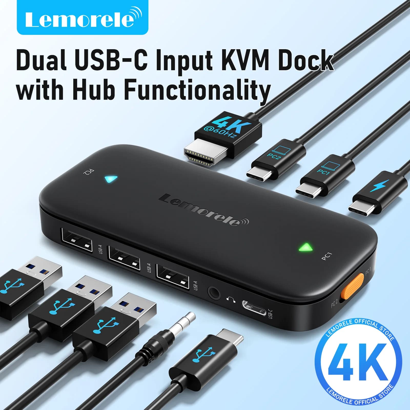 Switch KVM USB-C Lemorele 2 in 5 Out 4K 60Hz, Switcher USB-C PD 100W per PS5, PC, Laptop, Monitor, Proiettore, Tastiera, Mouse, Docking Station