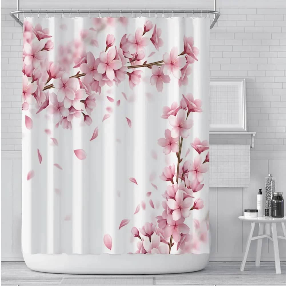 Set di tende da doccia con fiori di pesco e fiori di ciliegio rosa, fiori, sfondo bianco, schermo in tessuto di poliestere per bagno ragazza 12 con gancio