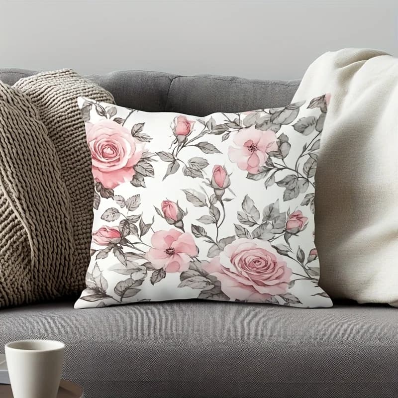 Cushion cover with pink and grey pink pattern: made of polyester, washable in washing machine, suitable for sofas and bedroom decorations.