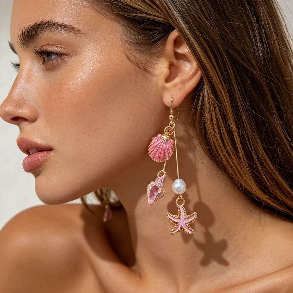 Orecchini Pendenti Bohemien con Stella Marina e Conchiglia, Accessori Oceanici, Orecchini Estivi Colorati con Conchiglie e Nappe in Metallo, da Spiaggia per Donna, Vendita all'Ingrosso