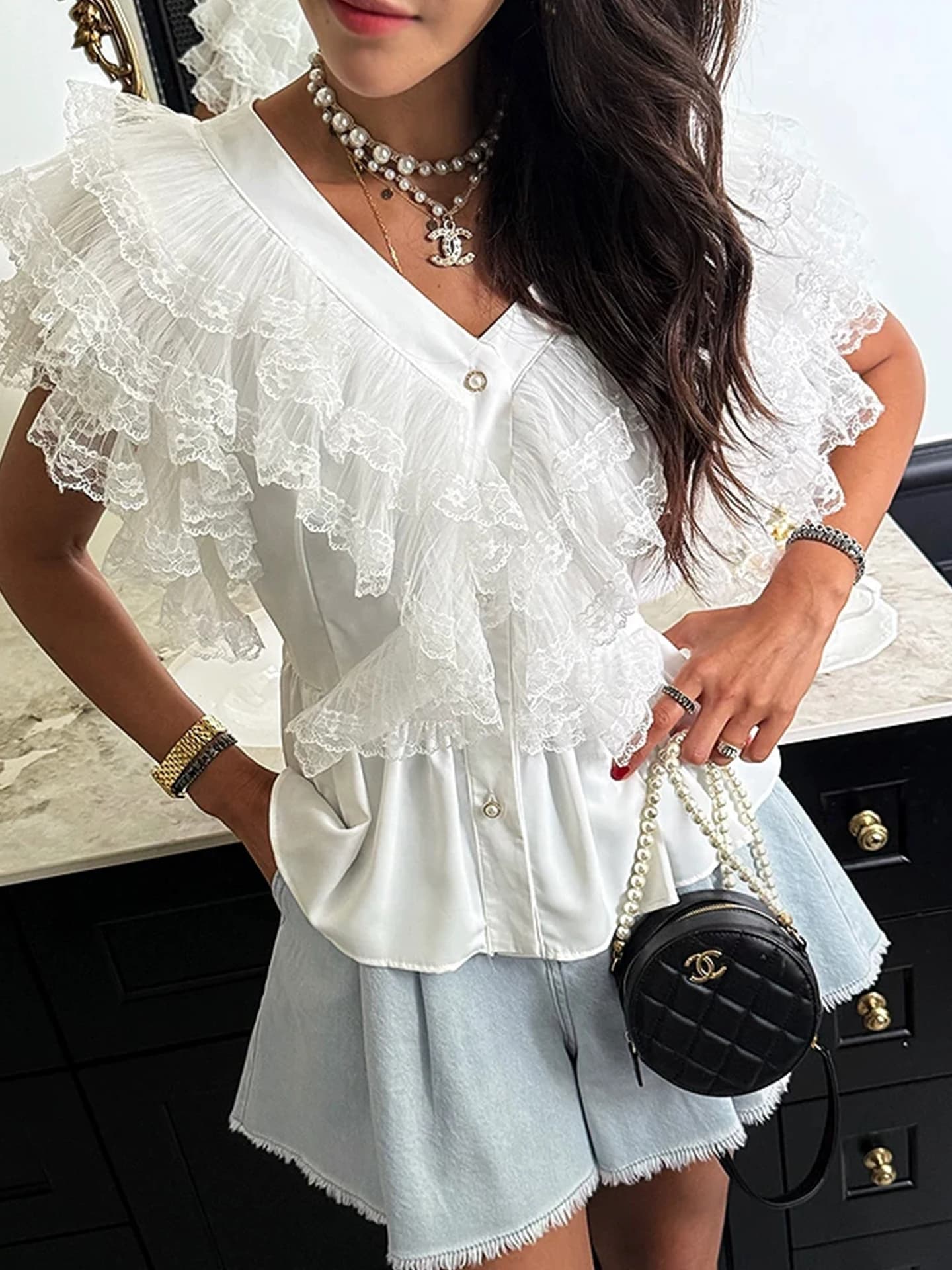Elegant Lace Trim Shirt Women's Summer Versatile Slimming Single Button High Waist Flounce Sleeve Polyester Fiber V-neck Blouse