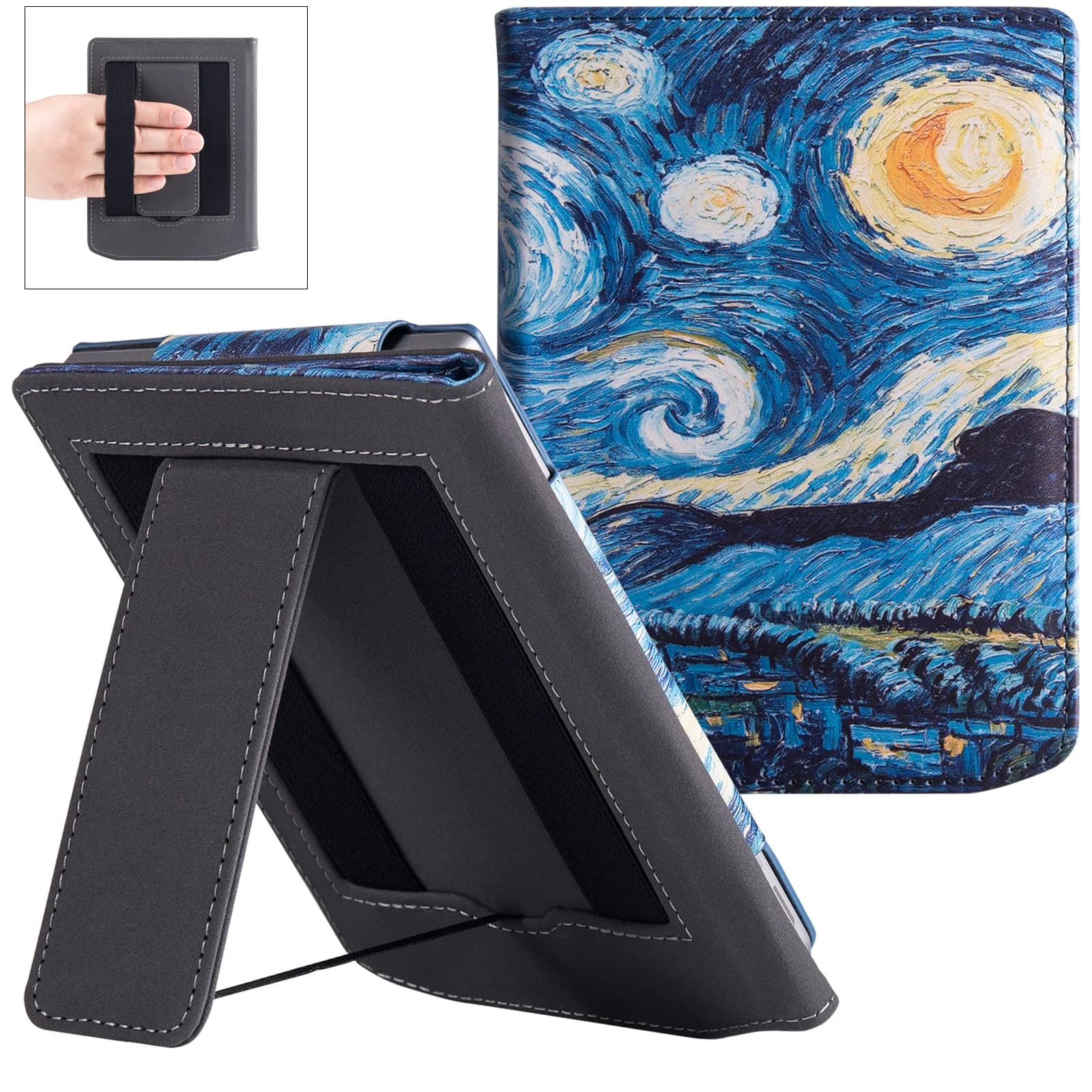 Custodia per Pocketbook 619 Verse Lite | Supporto e cinturino da polso integrati | con sonno/riattivazione | Custodia in pelle PU