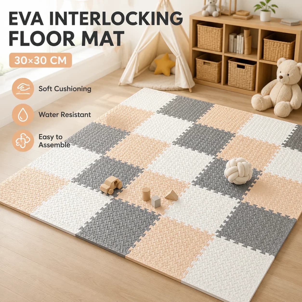 Textured EVA Foam Floor Mats 12Pcs Interlocking Puzzle Carpet Tiles Non Slip Soft Area Rug For Living Room Bedroom Home Decor