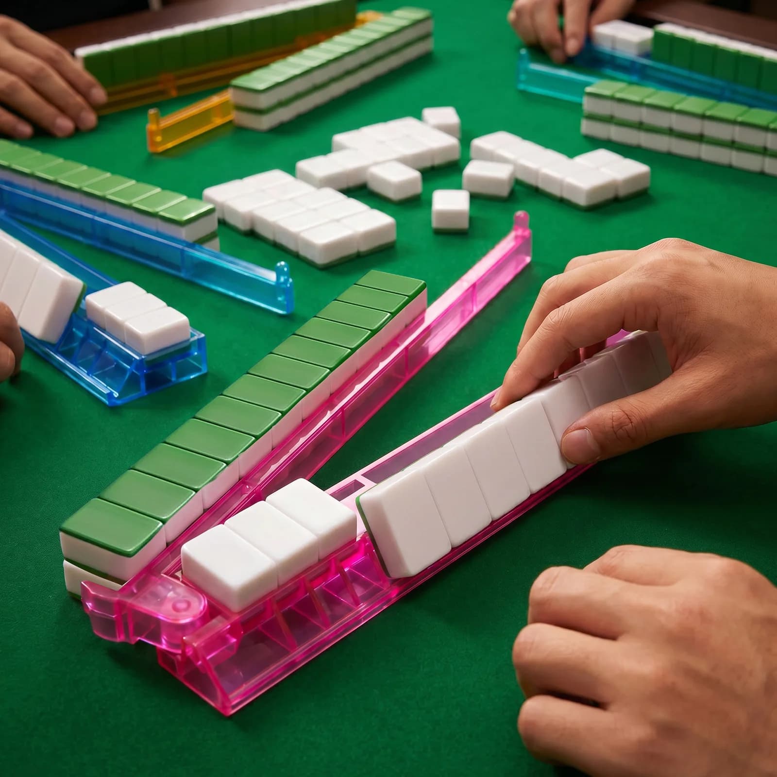 Mahjong Tile Rack with Pusher Set Mahjong Tile Holders Heavy Duty PS Mahjong Tray Integrated Smooth Sliding Track for Home Party