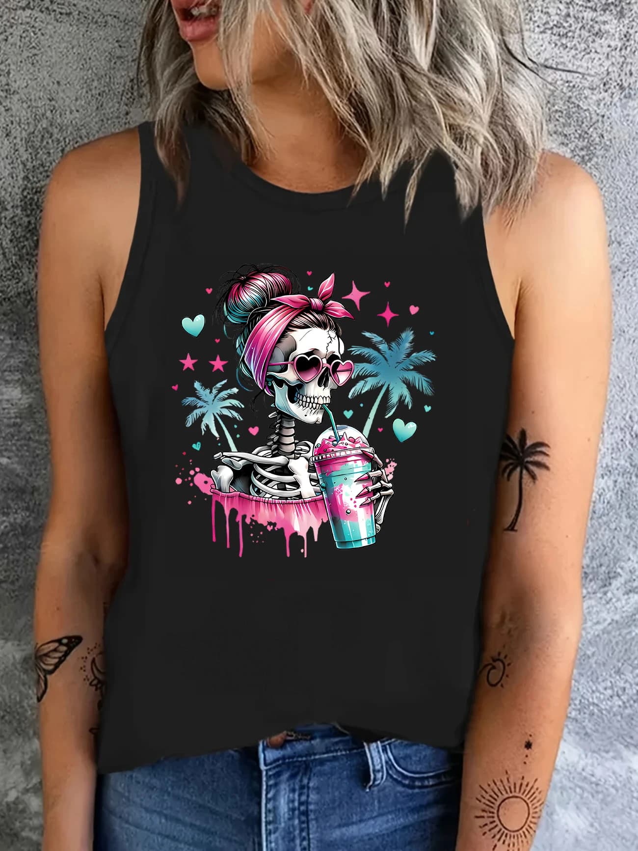 T-shirt con gilet con stampa teschio T-shirt gotica Canotta con stampa grafica Girocollo senza maniche da donna
