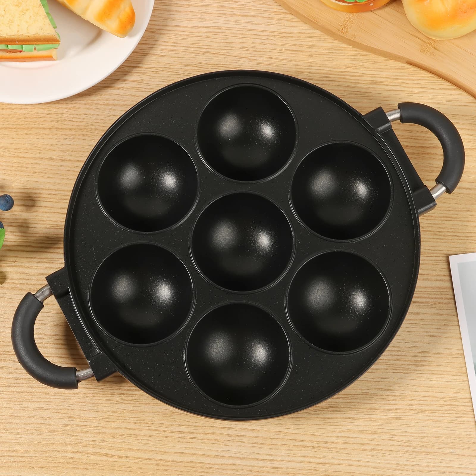 7 hole octopus baking sheet with ergonomic handle, aluminum alloy meatball pan for domestic kitchen