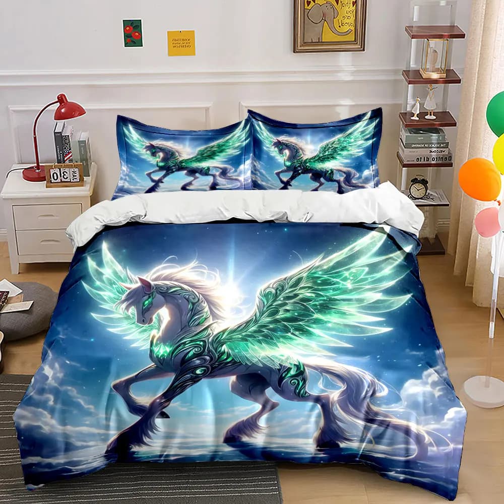 Set copripiumino con motivo Fantasy Pegasus con ali di smeraldo, stampa digitale, biancheria da letto colorata in poliestere con chiusura a cerniera per regali