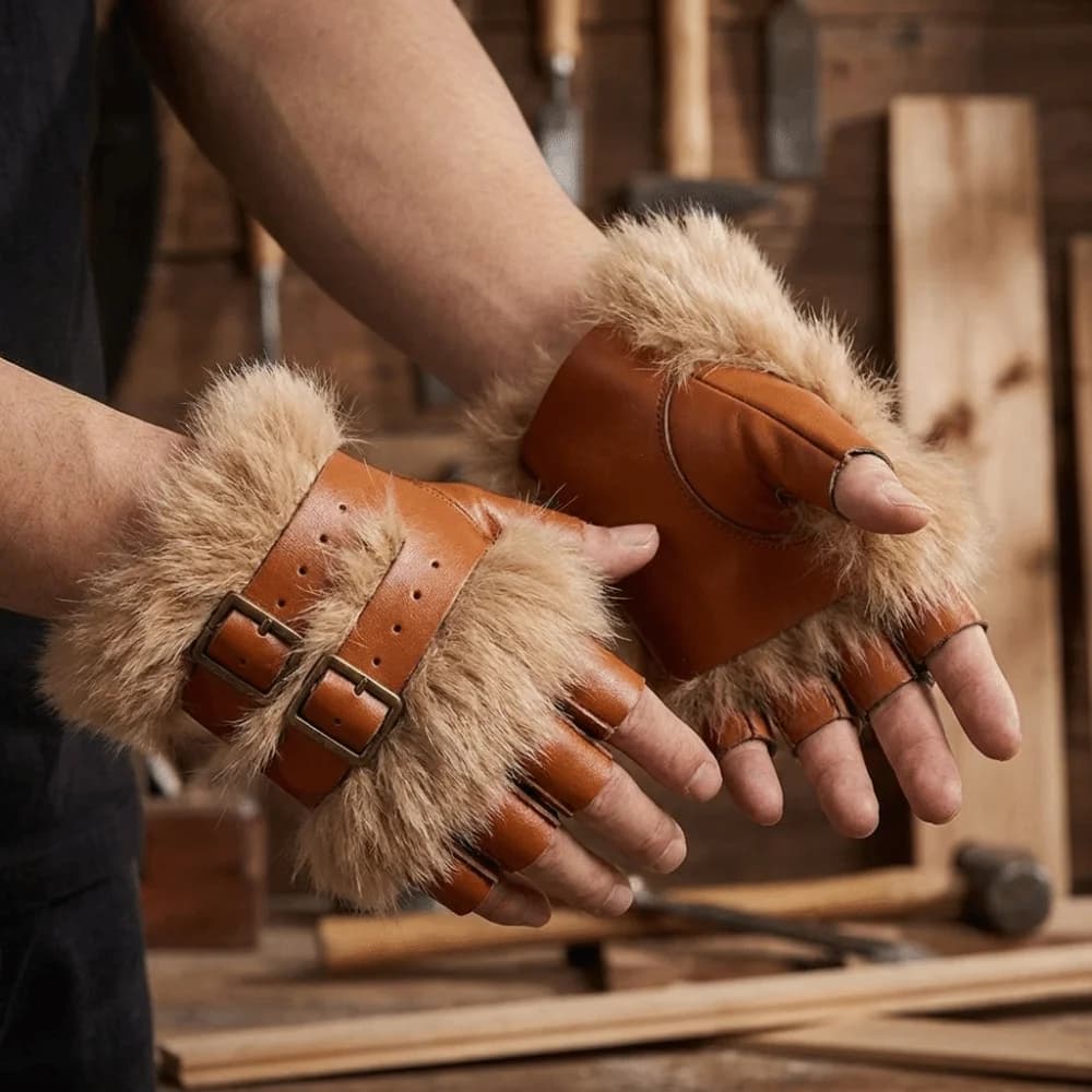 Rock Faux Fur Fingerless Gloves Furry Adjustable Buckle PU Leather Mittens Warm Realistic Gauntlet Cosplay