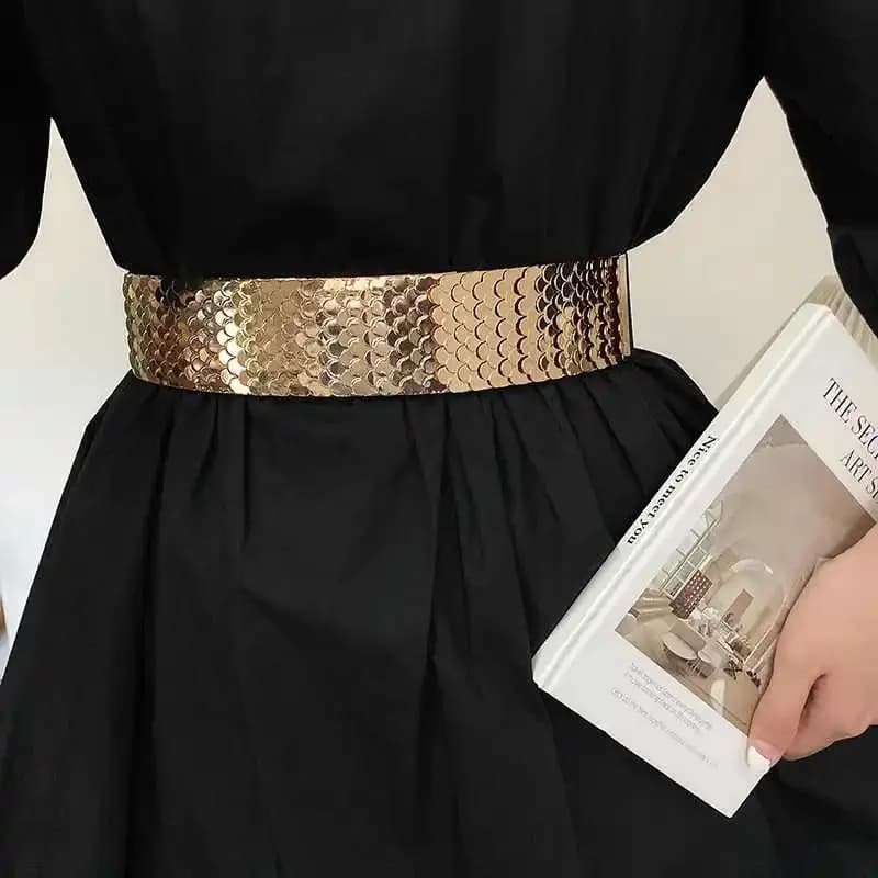 Women's belt in wide summer versatile decorative version for western dress skirt, elastic black leather belt without new style holes