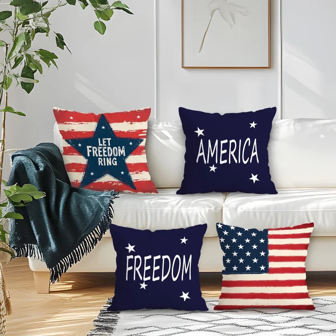 Set di 4 Federe per Cuscini con Bandiera per la Festa dell'Indipendenza, Stampa Monofacciale 40/45/50CM, Copricuscini Decorativi per Divano e Casa