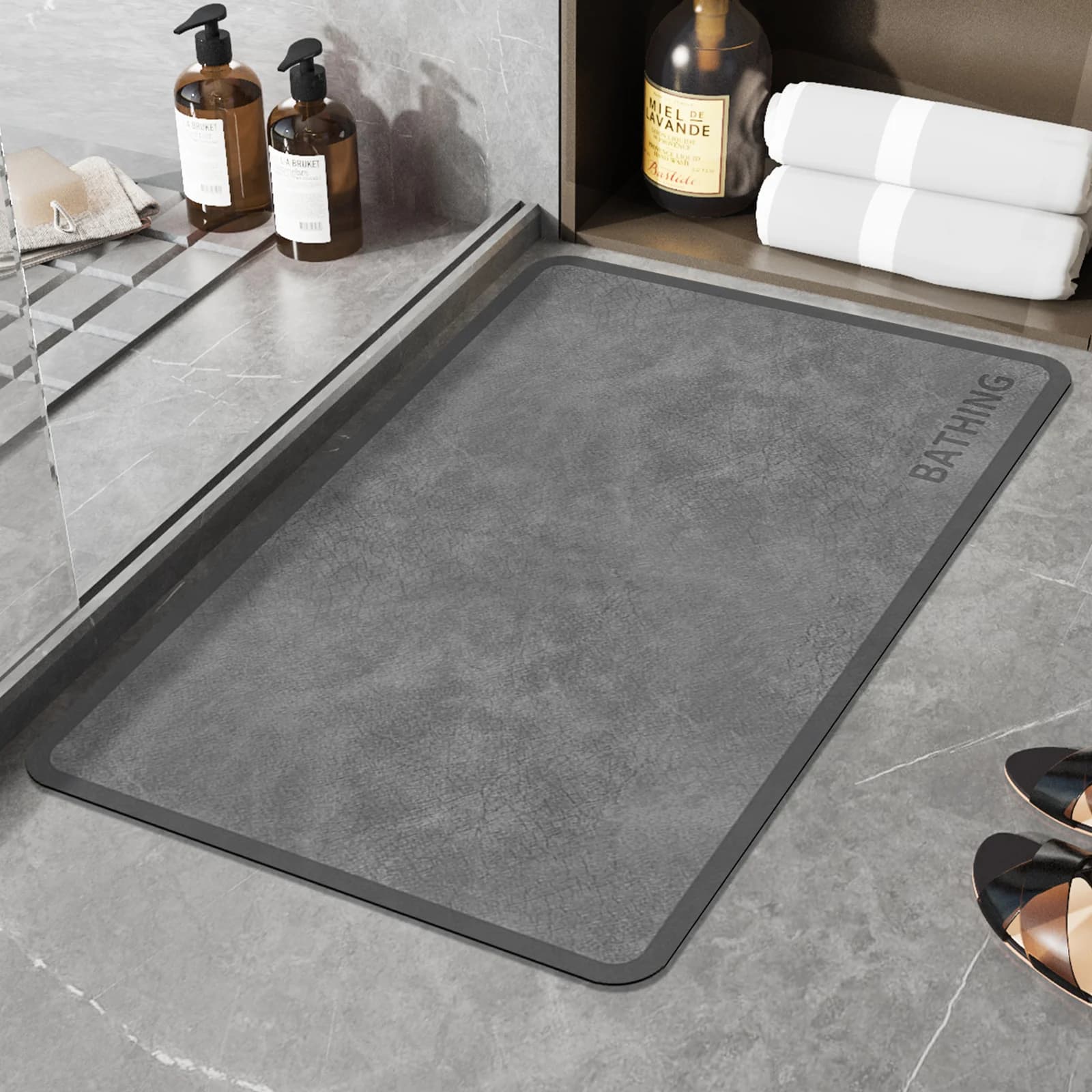 Tappetino antiscivolo per bagno grigio testurizzato, resistente allo sporco, con stampa, in gomma ad assorbimento rapido e asciugatura veloce, tappetino per porta.