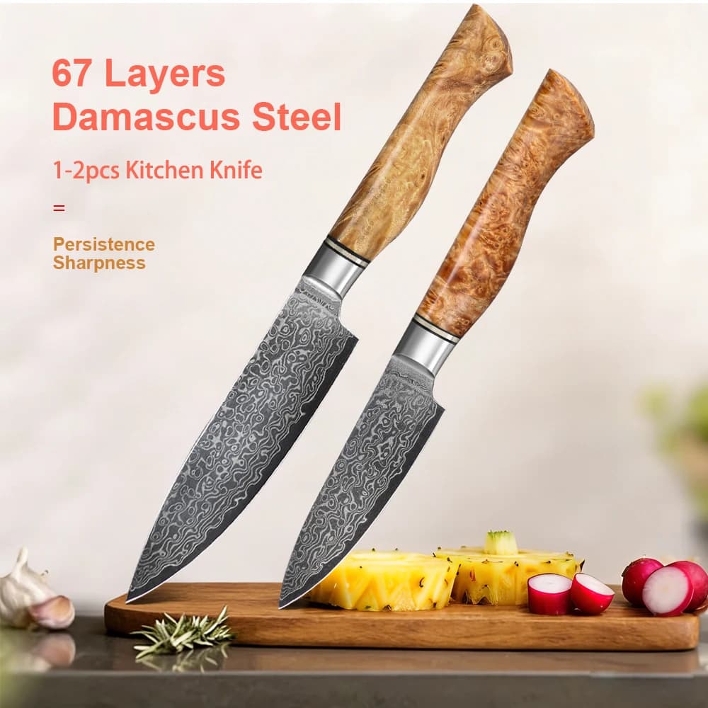 Set di coltelli 1/2 pezzi in acciaio Damasco a 67 strati, coltello da cucina super affilato, coltello multiuso, manico in legno di sicomoro figurato
