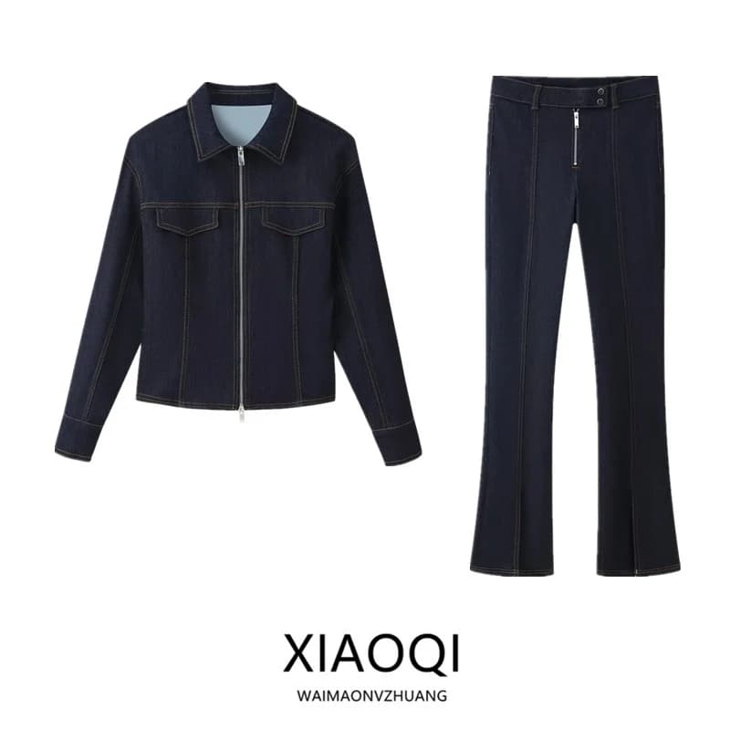 Winter 2025 Women's Slim Fit Long Sleeve Denim Jacket And Pants Fashion Set High Waist Zipper Decorated Commute Style