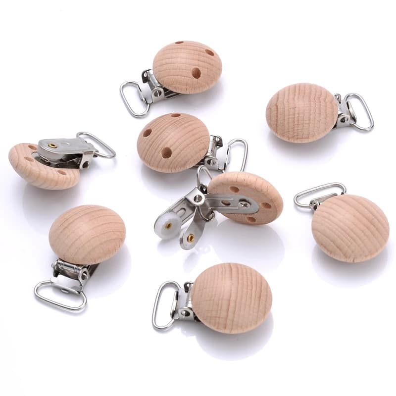 10 pezzi di legno di faggio naturale ciuccio catena porta ciuccio clip 30mm rotondo legno ciuccio clip per uso alimentare massaggiagengive per bambini giocattoli da masticare