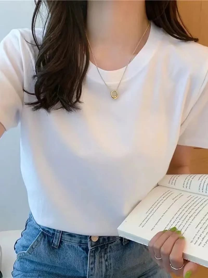 T-shirt da donna a maniche corte in cotone tinta unita o collo allentato nero bianco top sottili di base moda Harajuku magliette casual da indossare all'aperto