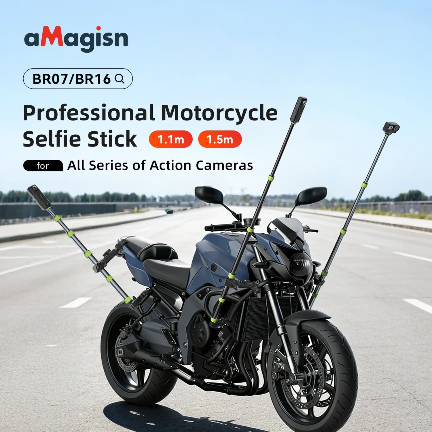 AMagisn Professional Motorcycle Selfie Stick 34-110cm Metal Pole 1/4Thread Trekking Pole Convertible Fits GoPro / DJI / Insta360