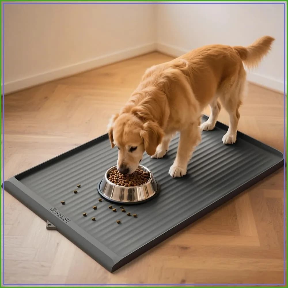 Waterproof Pet Feeding Mat 36x24, Non-Slip Dog Bowl Mat with Raised Edges & Grooves, Easy Clean, Grey