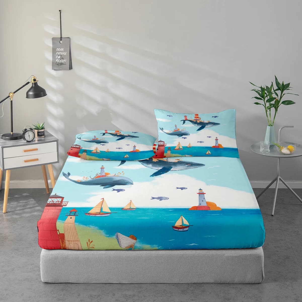 Set di biancheria da letto con stampa di faro e balena, protezione per materasso e federa abbinate. Set di Lenzuola Stampate ad Alta Definizione Include 1 Lenzuolo con Angoli + 1 o 2 Federe (60*100cm e 72*132cm per 1 federa, il resto delle misure per 2 federe). Adatto per Camera da Letto e Stanza degli Ospiti, Biancheria da Letto in Poliestere Ultra Morbido, Lavabile in Lavatrice, Utilizzabile in Tutte le Stagioni