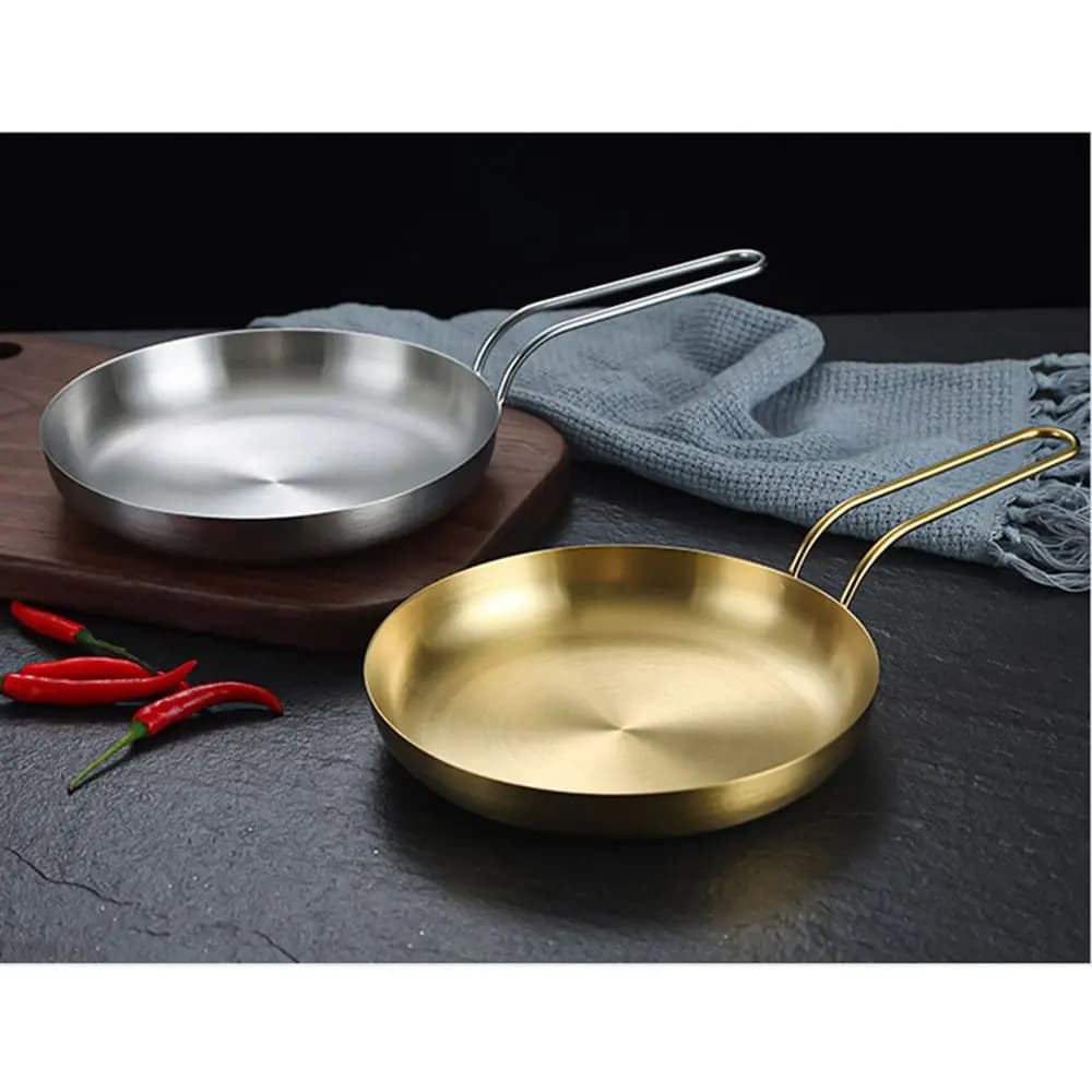 Easy To Clean 18/20cm Stainless Steel Frying Pan Flat Bottom Handled Serving Plate Stackable Golden/Sliver Steak Skillet Camping
