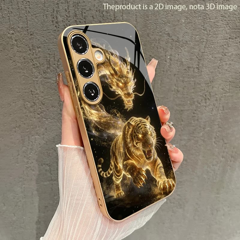 Dragon Tiger Leaping Pattern 2D Phone Case for Samsung S26 S25 S24 S23 S22 S21 S20 A56 A55 A36 16 Gold Glass Protective Cover