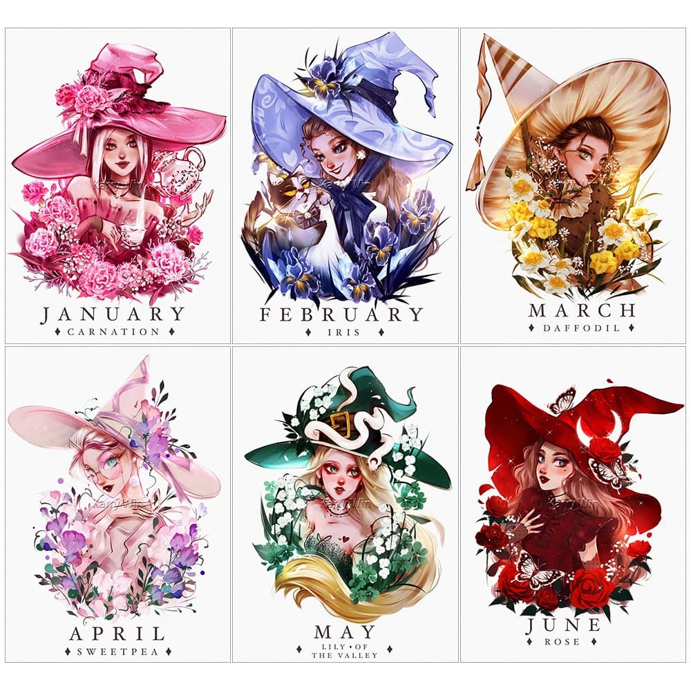 5D DIY Monthly Witch and Flower Painting Art Hobby Embroidery Kit Cross Stitch Mosaic Home Wall Decor Gift