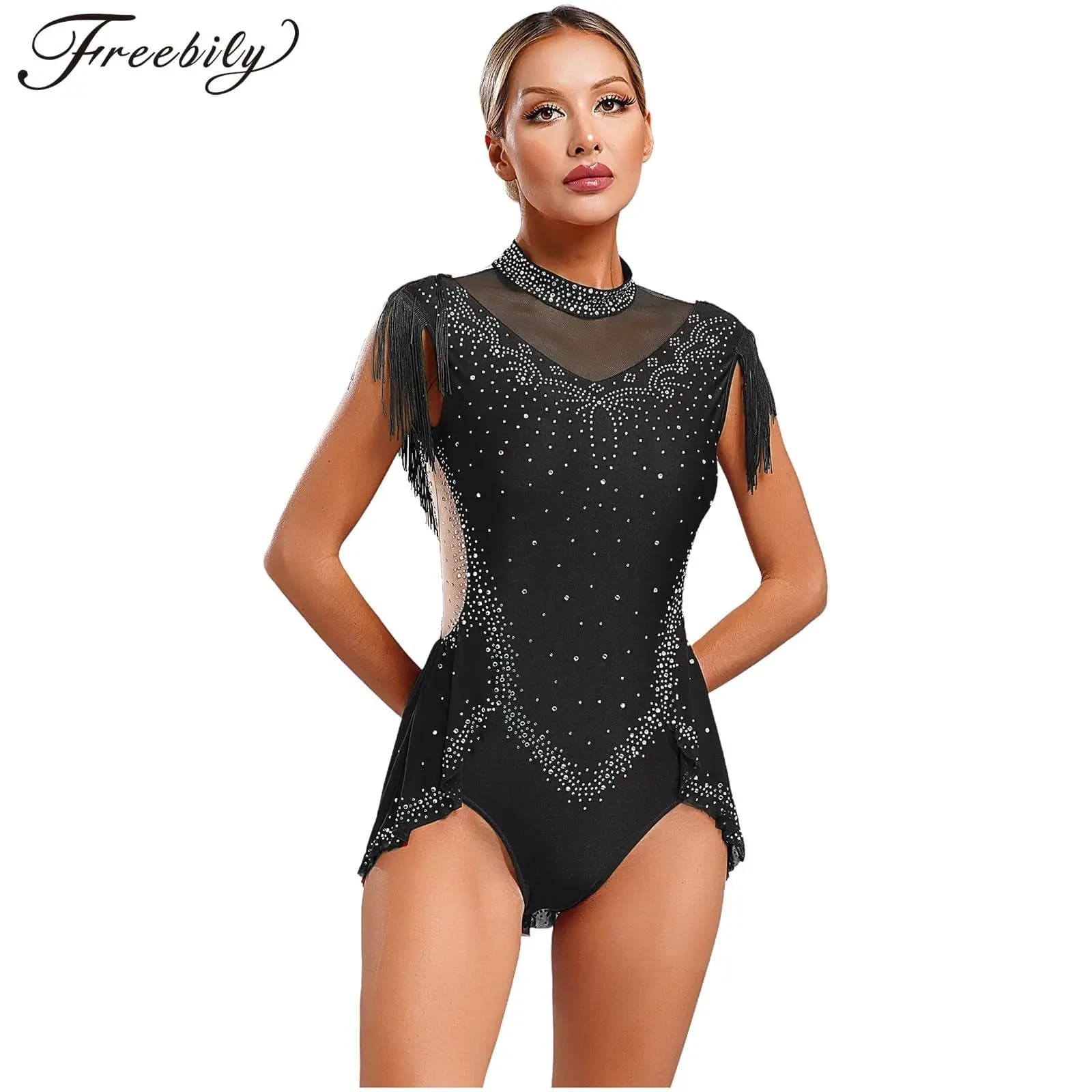 Body da pattinaggio di figura per donna, danza latina lirica, balletto, ginnastica, body senza maniche, strass, rete, nappa, con gonna