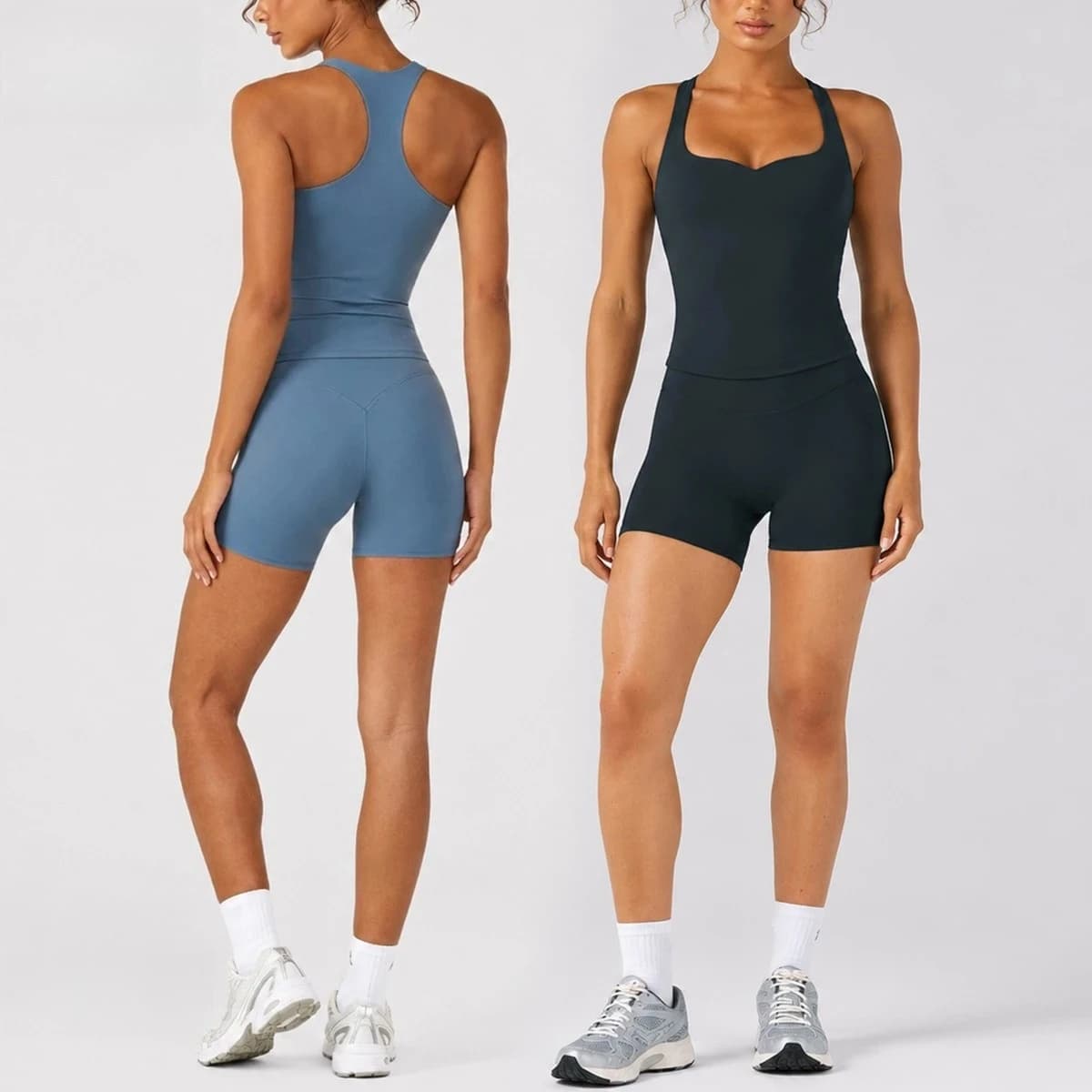 C-B Women 2Pcs Yoga Set Racerback Tank High Waist Biker Shorts Soft Stretchy Breathable Gym Running Fitness Athletic Sportswear