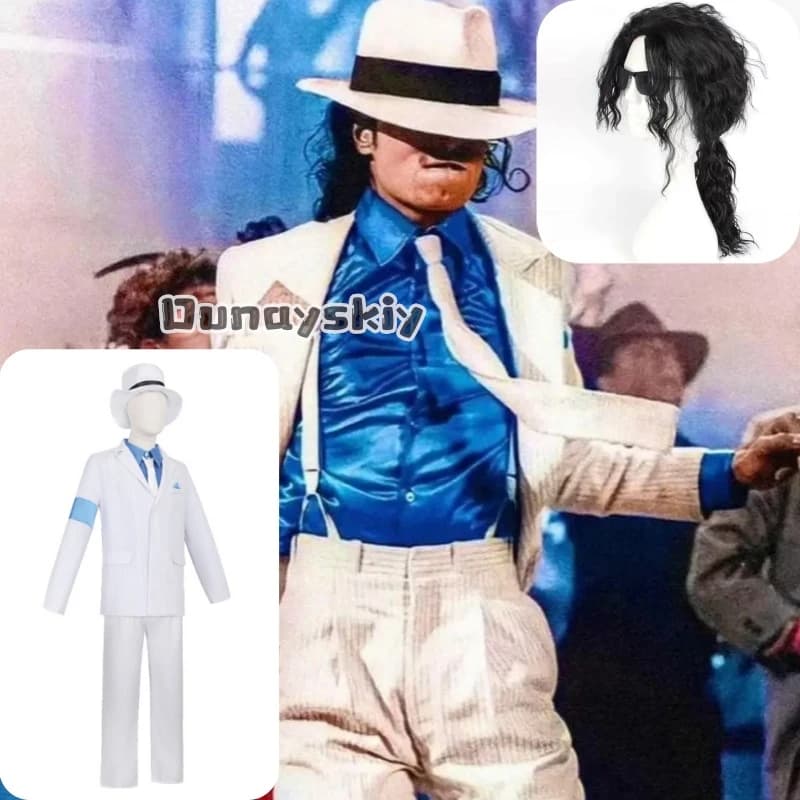 Costume cosplay di Michael Jackson, completo Smooth Criminal, top+pantaloni+camicia+cravatta+cappello+tracolla, per Halloween e Carnevale