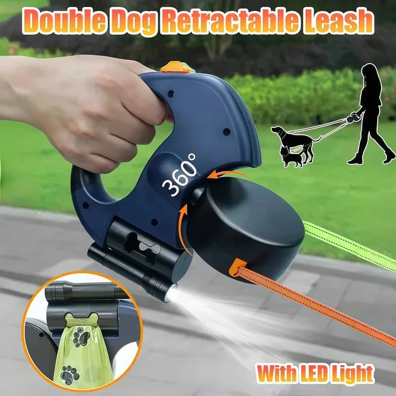 Guinzaglio Telescopico Automatico per Due Cani, Corda di Trazione 2-in-1 per Cani Piccoli