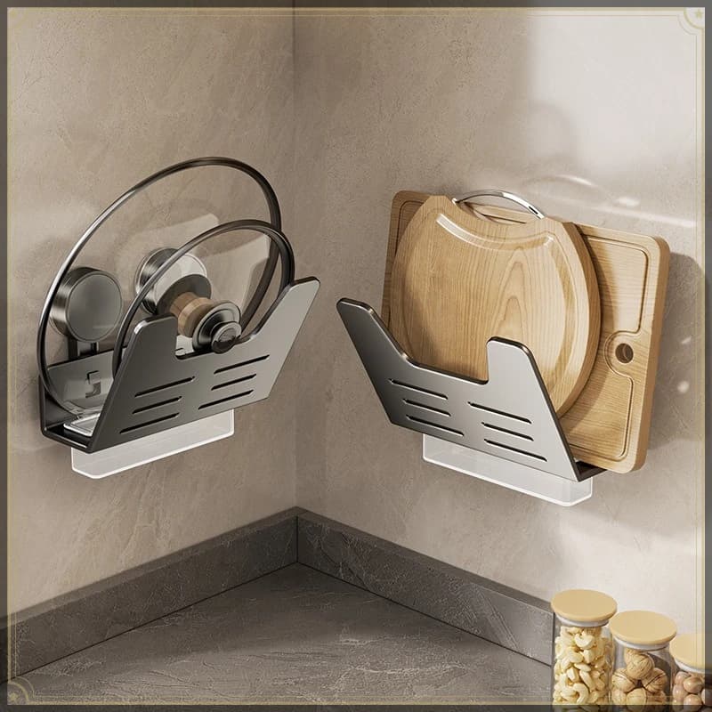 Wall Mounted Pot Lid Holder Carbon Steel Punch Free Detachable Multifunctional Kitchen Organizer Rack for Cutting Board Storage