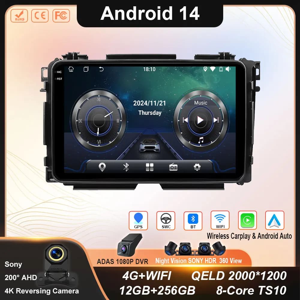Android 14 For Honda Vezel HR V HRV XRV 2015 2016 2017 2018 2019 2020 Multimedia Stereo GPS Navigation Reader Carplay