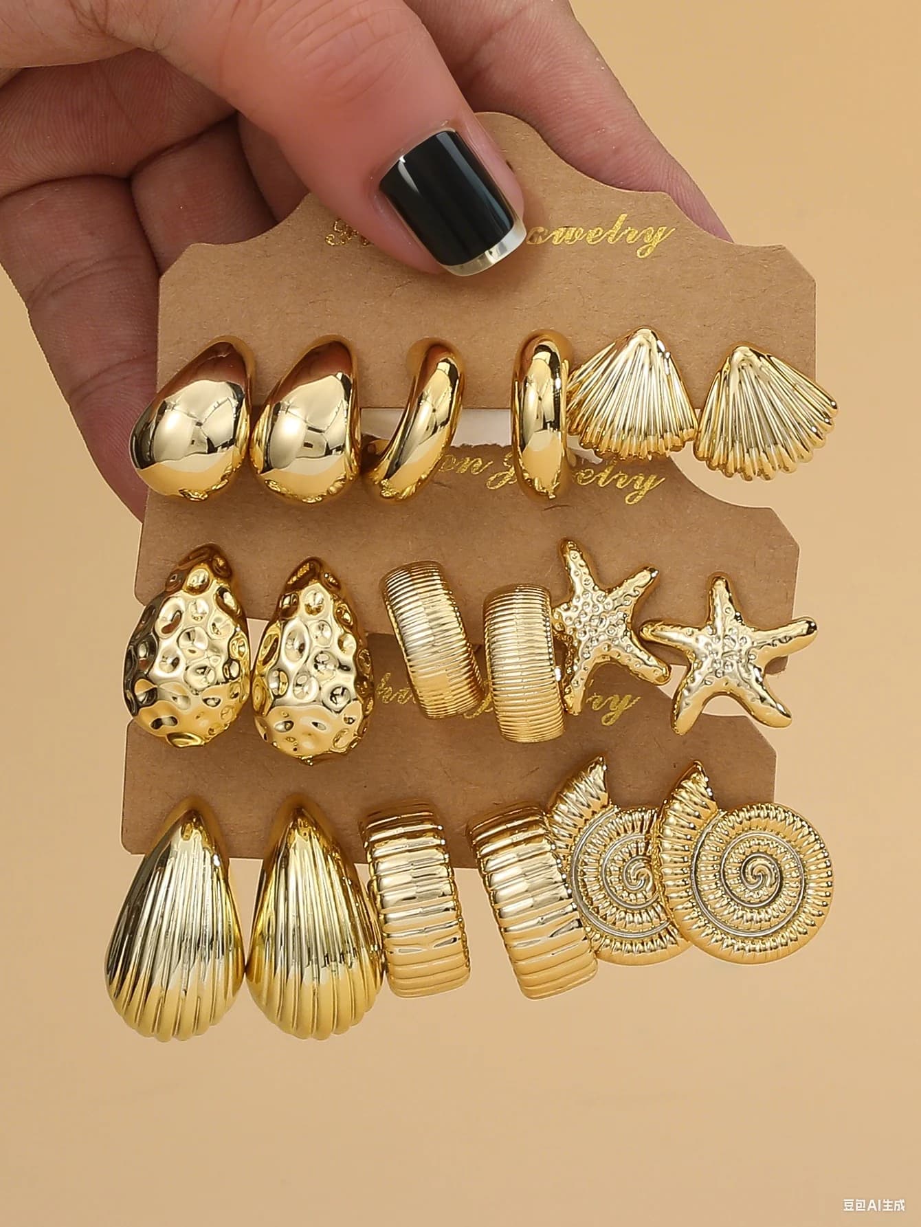 3PAIRS-6PAIRS/Set Star Navy Fashionable and Golden, Shell, Smooth Water Drop, Set of C Shaped Earrings, Travel and Holiday Clothing