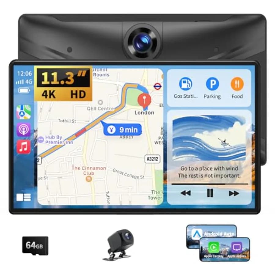Portable Apple CarPlay screen for car use, ABS plastic black, extra-large 11.3-inch wireless display with 4K dash cam, GPS, bac