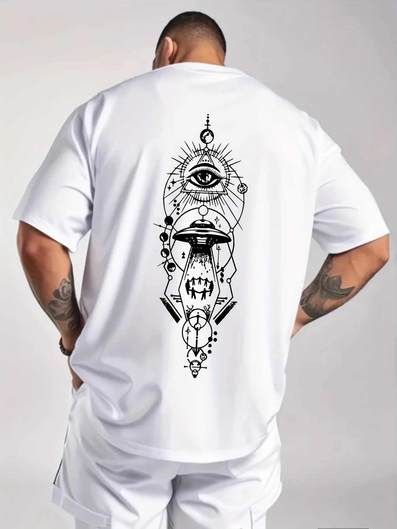 Men's Summer UFO Eye Line Draft Pattern Printed Casual Sportswear Multi-purpose Short-sleeved T-shirt 100% Cotton Street Fashion