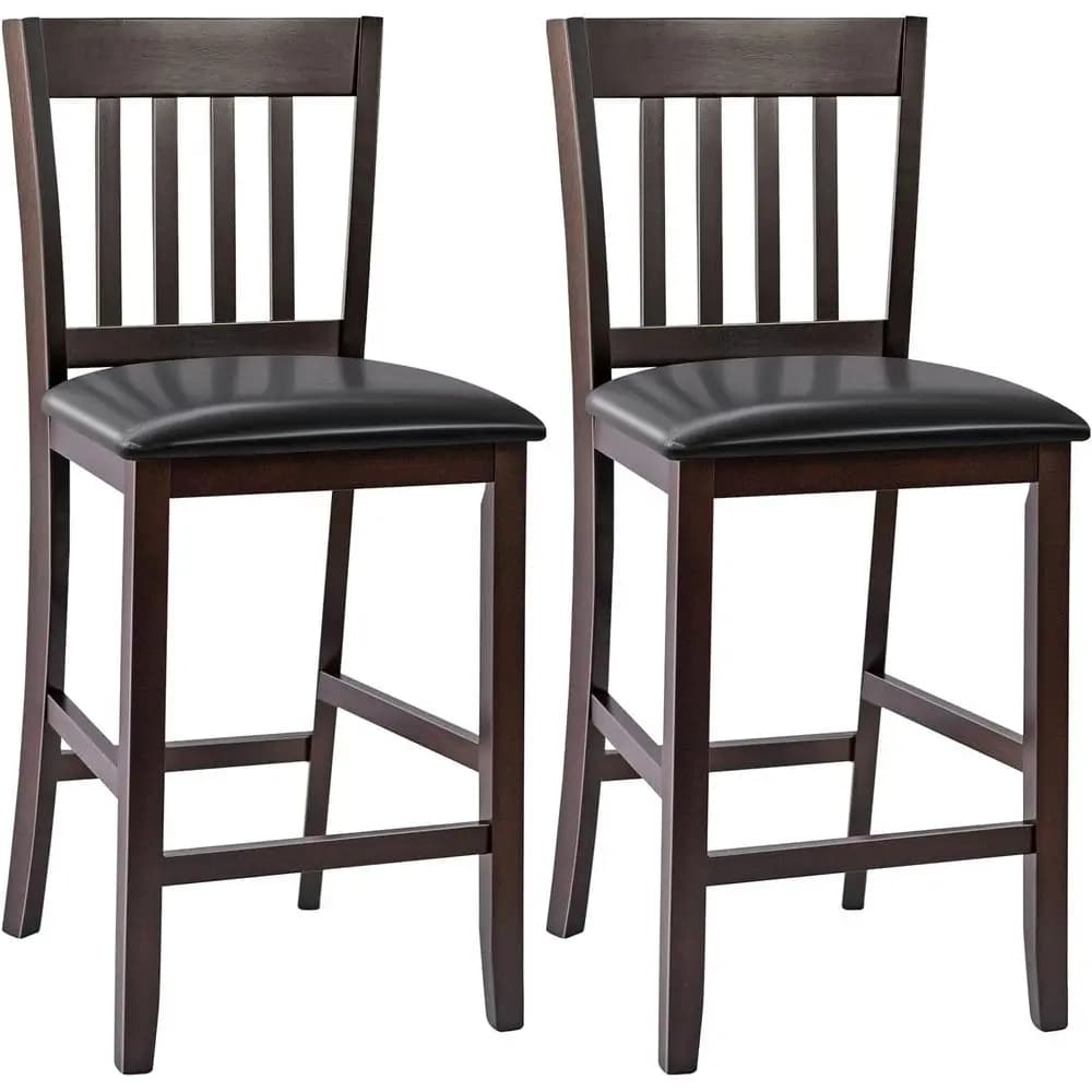 Set of 2 25 inch high bar stools with rubber wood legs, padded seats and PU coating for kitchen, living room or bar