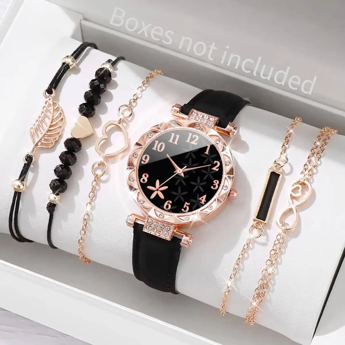 6 pcs/set Women's Watch Casual Flower Analog Quartz Watch Leather PU Wrist Watch and Bracelets