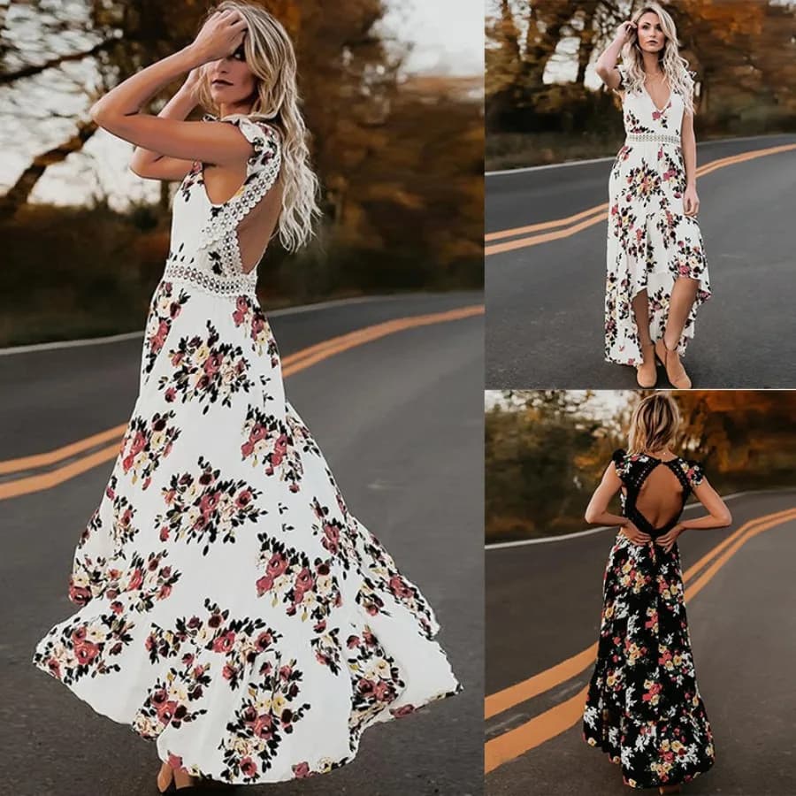 【Nuovo stile】 Vendita diretta Abito da donna con scollo a V, senza maniche, stampa floreale, ampia gonna irregolare, stile smoking - Abito femminile europeo e americano