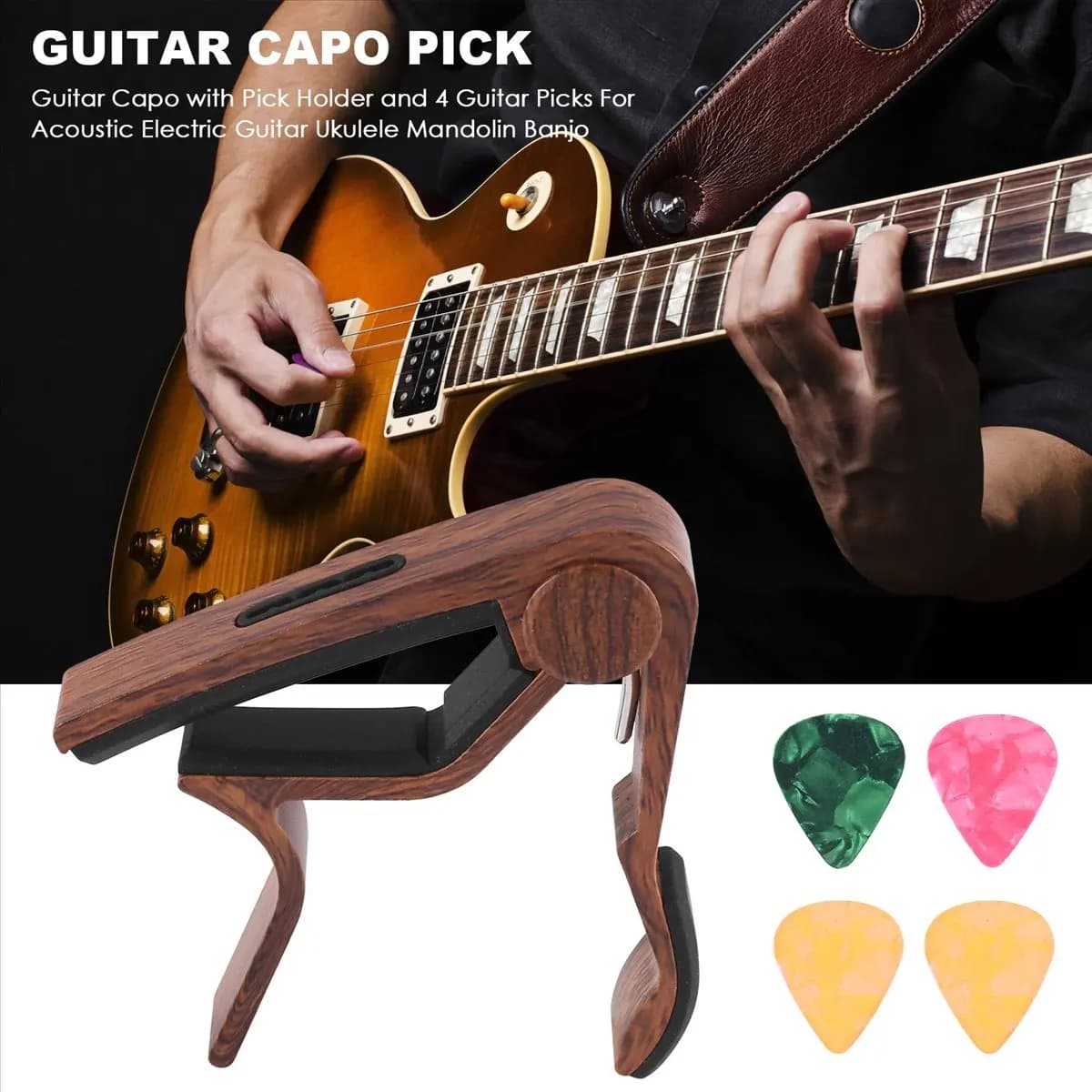 Capotasto per Chitarra AD12 con Portaplettro e 4 Plettri per Chitarra Acustica, Elettrica, Ukulele, Mandolino, Banjo