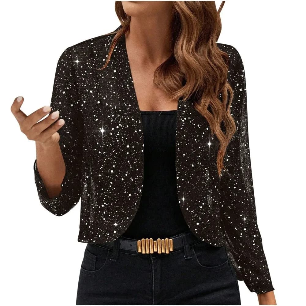 Elegante Cardigan da Donna con Maniche a 3/4, Morbido e Confortevole, Aperto sul Davanti, Protezione Solare, Decorazione Lucida con Paillettes Scintillanti, Ideale per Feste