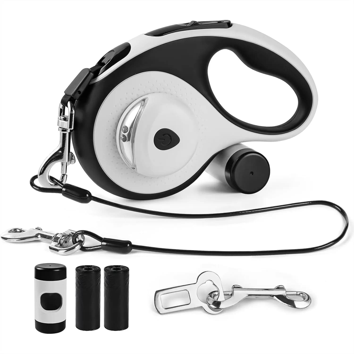 26ft Retractable Dog Leash for Large Dogs, Heavy Duty with LED Light & Poop Bag Holder, Chew Proof Cable, One-Hand Pause Lock