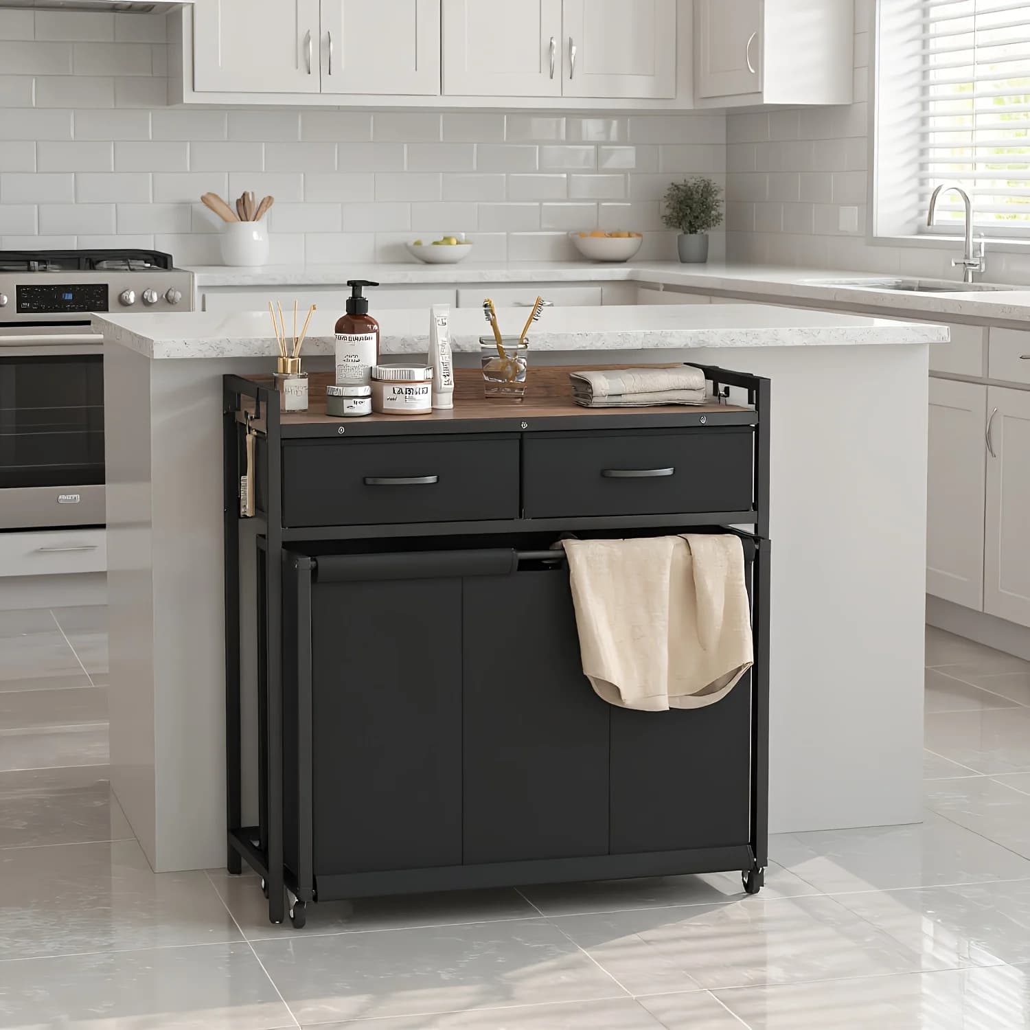 Cesto Portabiancheria Grigio con Ruote - 3 Sacchi Estraibili + 2 Cassetti - Carrello Portabiancheria per Bagno, Camera da Letto, Lavanderia