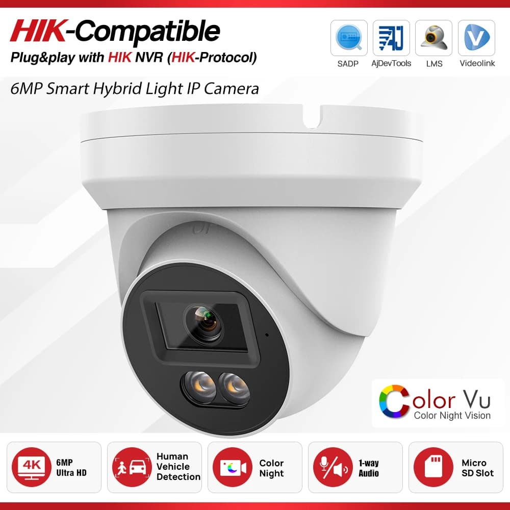 6 MP Intelligent Hybrid Light IP Camera Compatible with Hikvision Slots for Integrated Audio SD Card Surveillance Network Camera Plug & Play HIK NVR