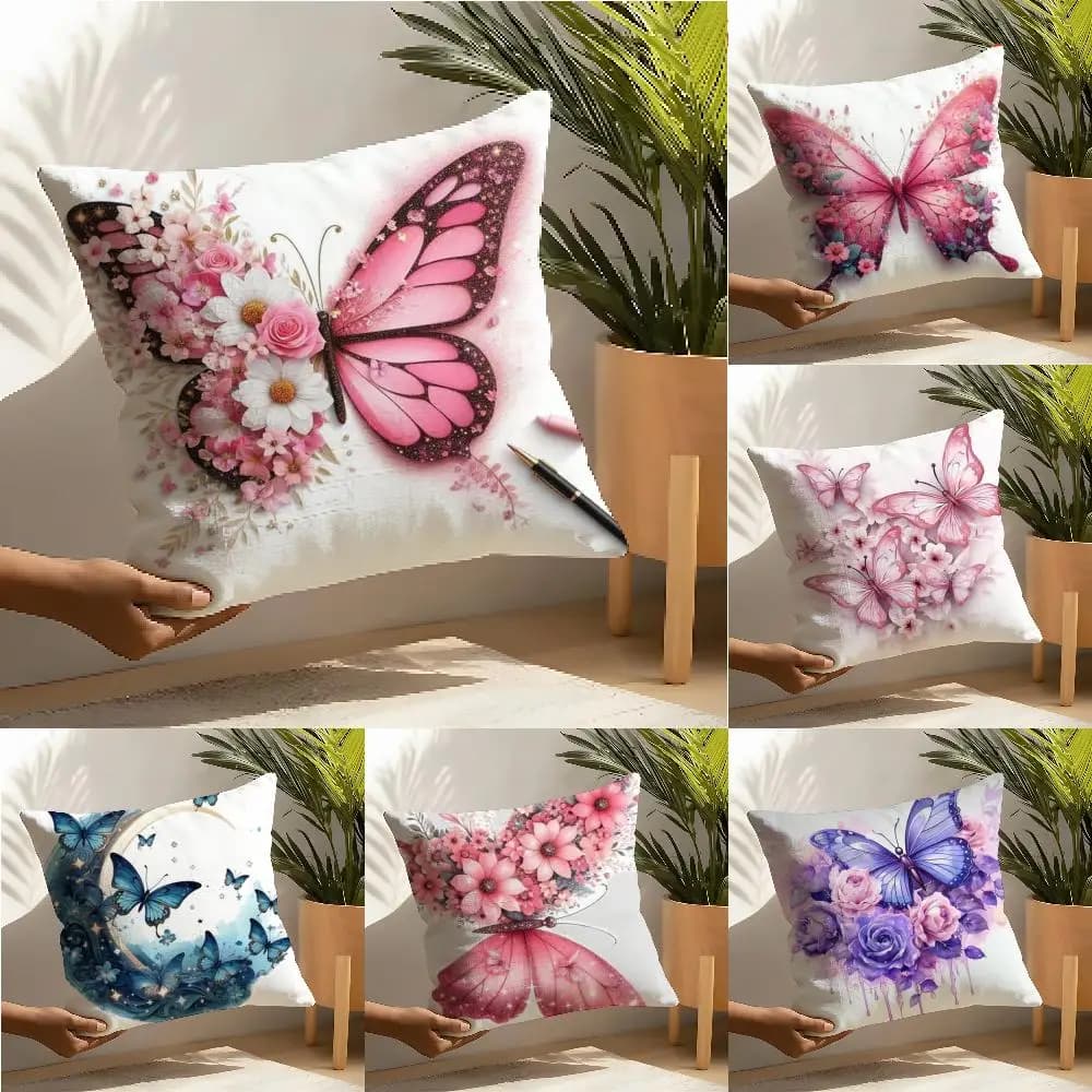 Bellissima fodera per cuscino con motivi floreali e farfalle, fodera per cuscino in lino, decorazione per la casa, fodera per cuscino