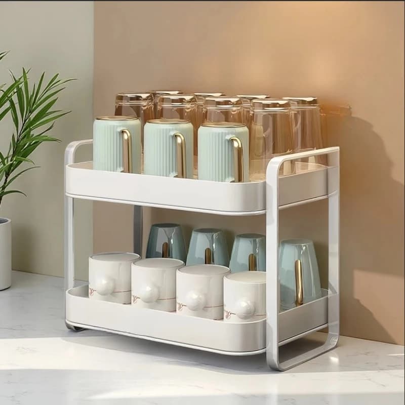 2 Tier Cup Organizer Rack Mug Holder Glass Cup Storage Shelf with Drain Tray Kitchen Counter Coffee Bar Desktop Organizer