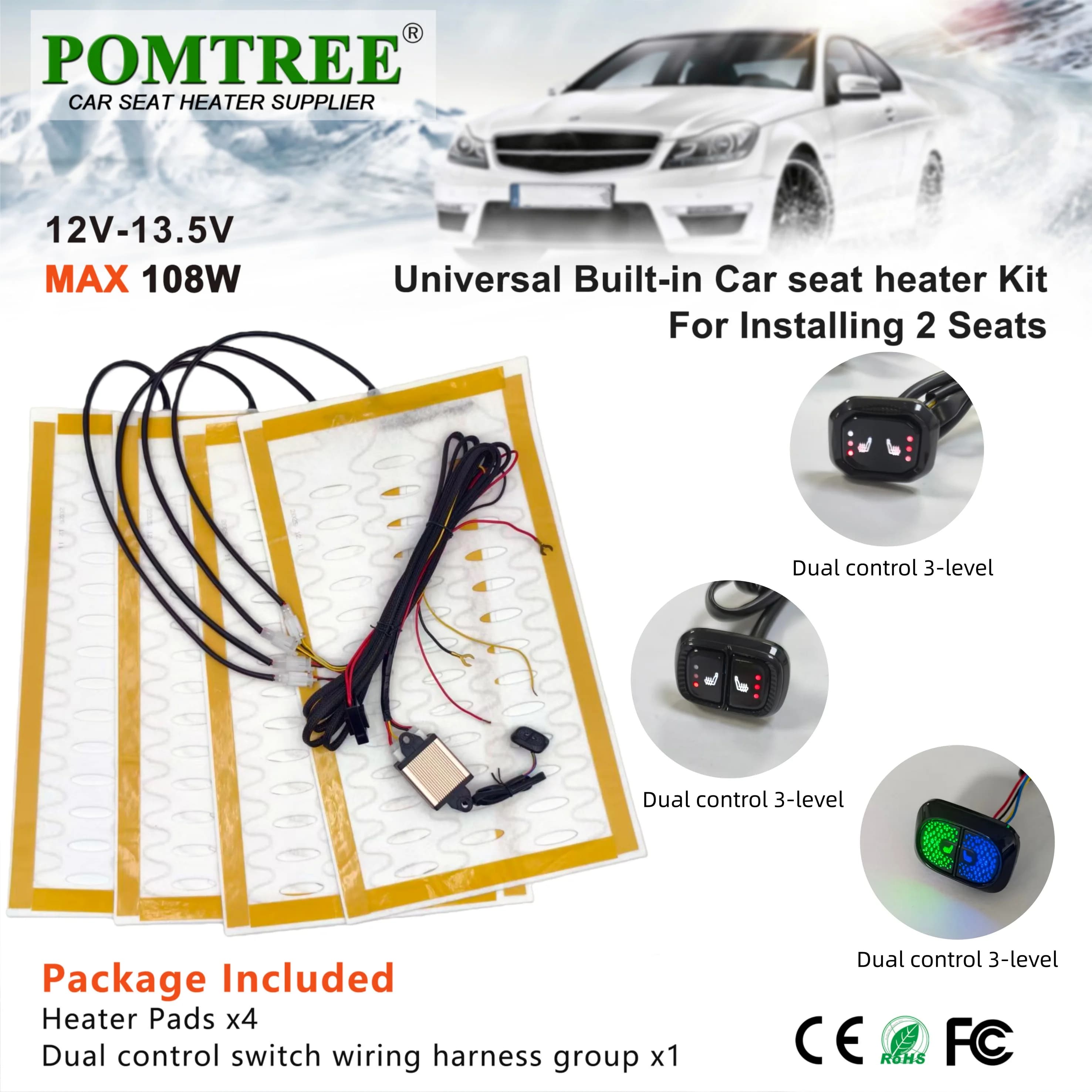 Nuovo kit riscaldatore per seggiolino auto incorporato da 108 W adatto a 2 posti cuscinetti riscaldanti universali in filo di lega 12 V interruttore di controllo doppio a 3 livelli con cablaggio