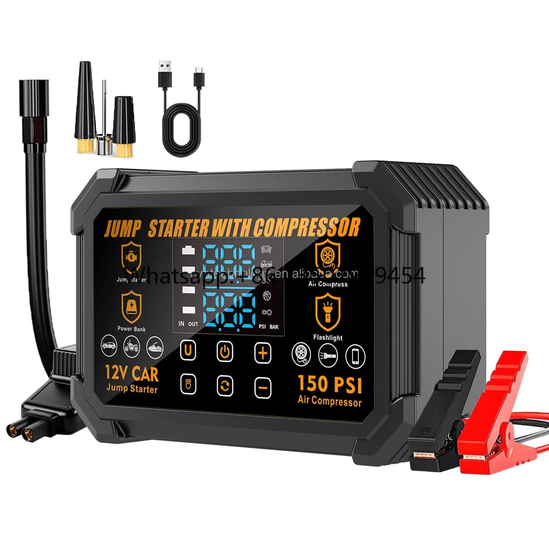 Portable 3000A Peak 22200mAh High Capacity Jump Starter Air Compressor 4-in-1 Car Battery Booster Pack 12V Lithium Polymer 7 BAR