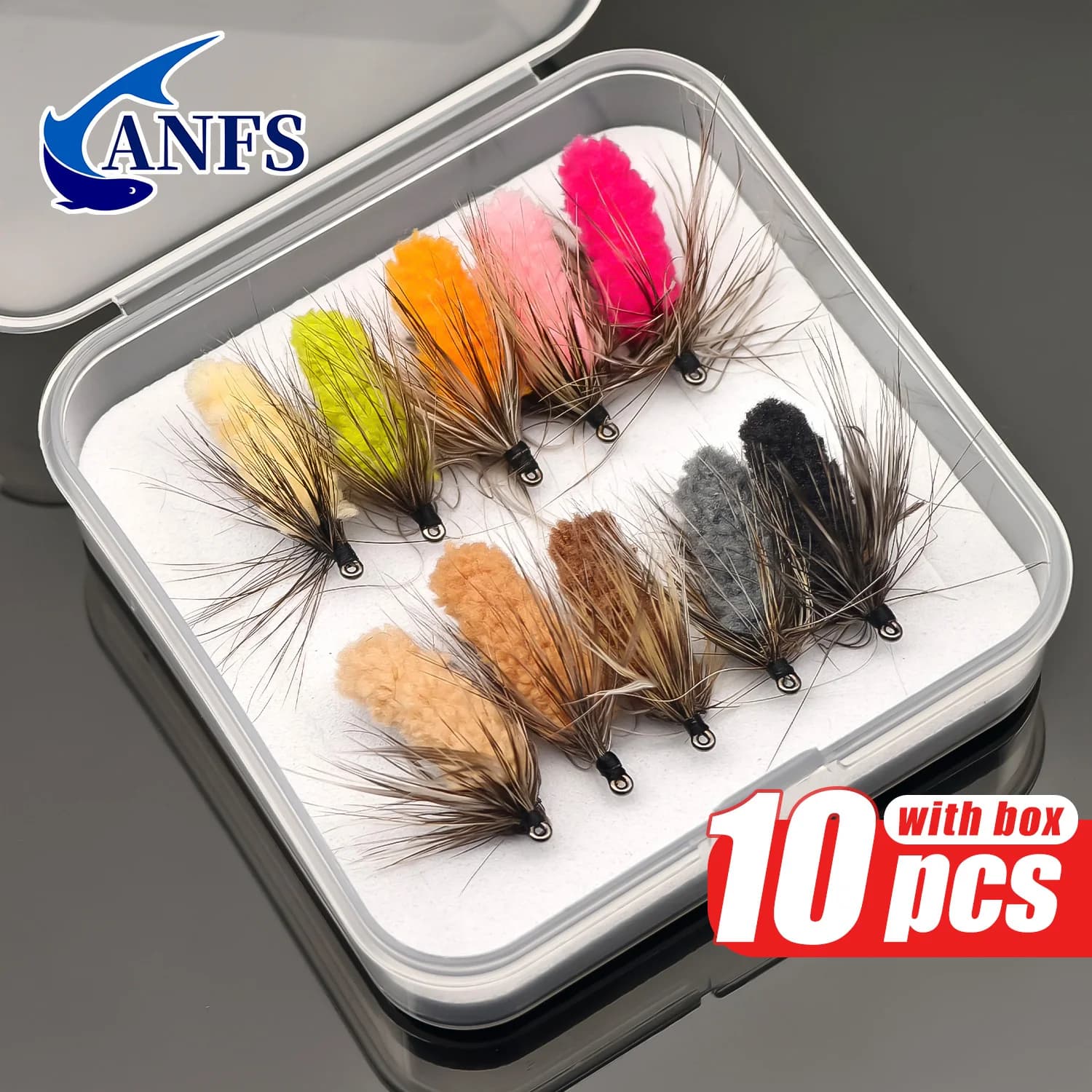 ANFS 10pcs Mop Fly Assorted Color with Box, Hand Tied Flys, Fly Hooks