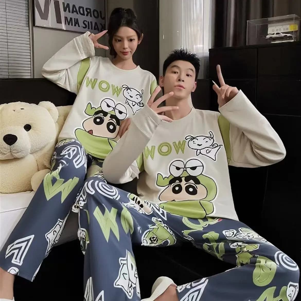 Crayon Shin-Chan Couple Pajamas Set Costume Design Colorblock Cartoon Print Long Sleeve Soft Cozy Sleepwear Casual Loungewear